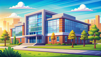 Modern university building illustration with clean lines, bright colors, and inspirational background, conveying knowledge, growth, and innovation in a stunning vector design.
