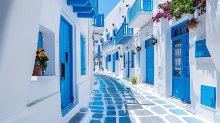 Fototapeta premium Picturesque narrow blue and white cobble street and traditional Greek houses in Mykonos Island Greece : Generative AI