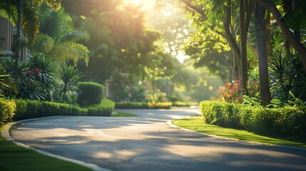 Obraz premium Empty street at the nice and comfortable garden at the morning with lovely beautiful sky : Generative AI