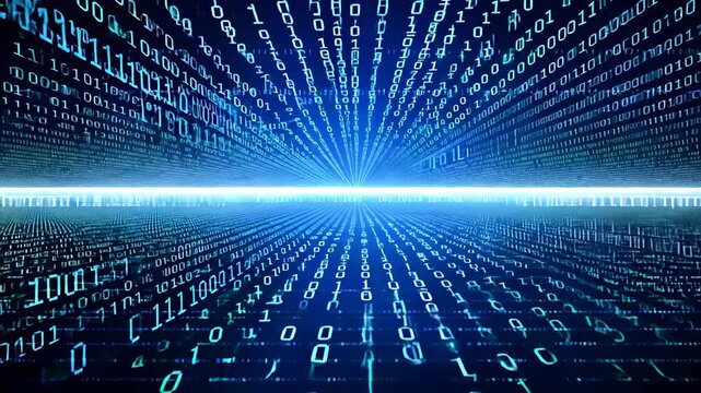 Futuristic data tunnel in blue with binary code cascading towards an illuminated horizon
