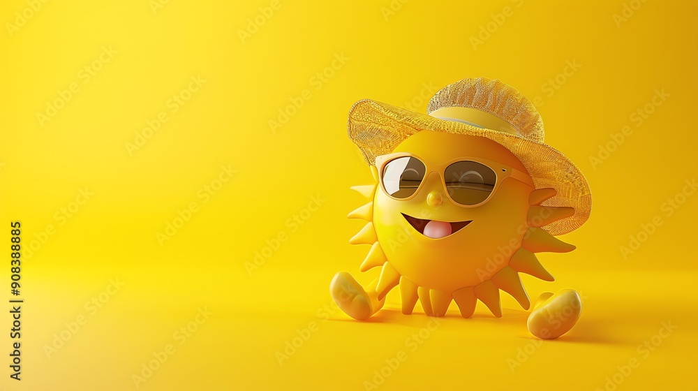 Poster A smiling sun wearing sunglasses and a hat relaxes on a yellow background.