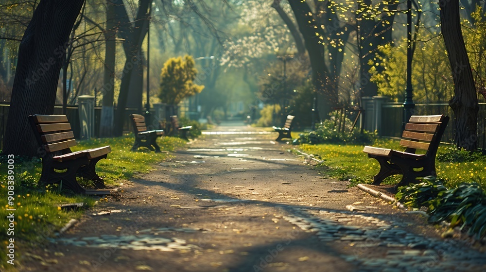 Poster An empty park alley on a spring day : Generative AI