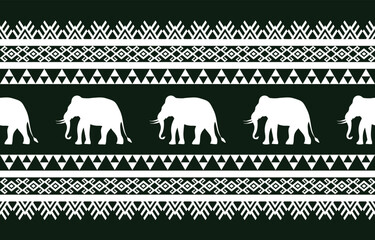 Elephant pattern. Seamless. White stripes, darkcolor background. Ethnicity. Floral patterns, printed fabrics, pants, Lanna.	