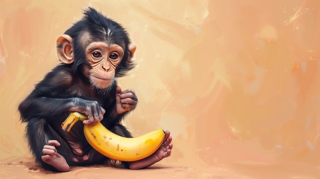 A baby chimpanzee sits holding a banana, looking directly at the camera.