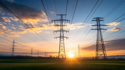 Sunset over lush field with towering power lines.
