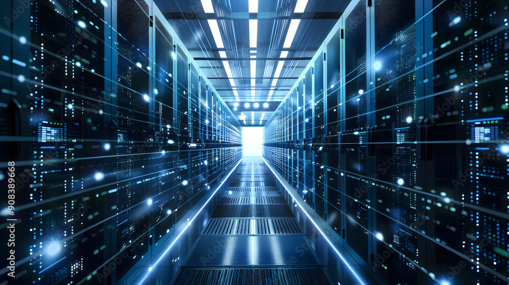 Poster a glowing server room with futuristic blue lights and data streams..