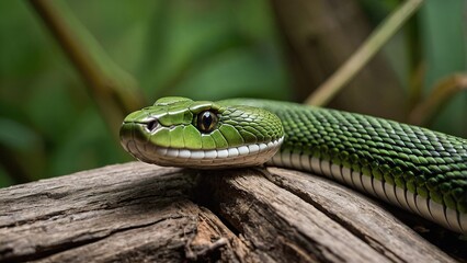 Fototapeta premium Vibrant Green Snake Curled on Branch Surrounded by Lush Jungle Vegetation