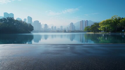 Obraz premium Asphalt road platform and lake with city skyline background : Generative AI