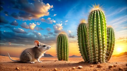 A Prickly Oasis: A Cactus and Mouse in a Desert Landscape  Generative AI