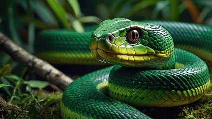 Fototapeta premium A vivid green snake is coiled elegantly