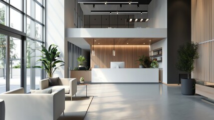 A modern office lobby with a reception desk, white couches, and large windows.