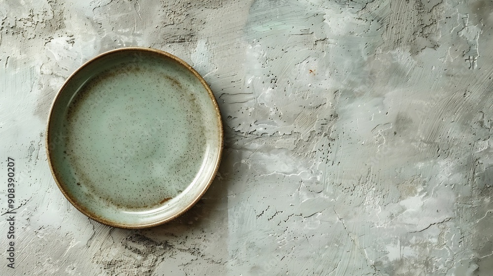 Poster empty round ceramic plate on a light texture background kitchen utensils : generative ai