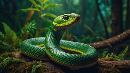 Fototapeta premium A vivid green snake is coiled elegantly