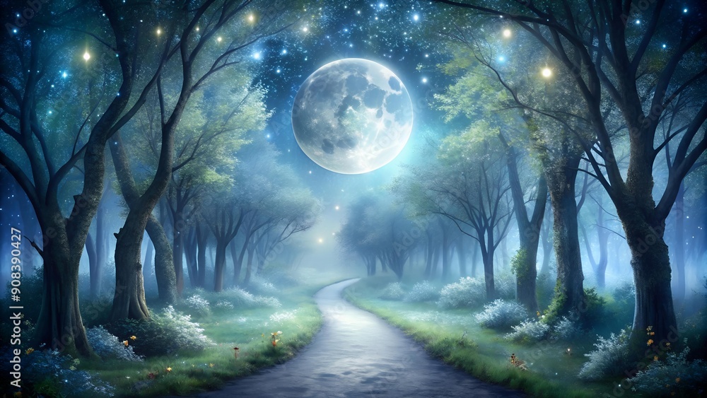 Aufkleber celestial canopy: a glimmering path through the moonlight forest generative ai