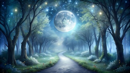 Celestial Canopy: A Glimmering Path Through the Moonlight Forest  Generative AI