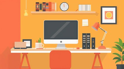 A simple illustration of a desk with a computer, lamp and a chair.
