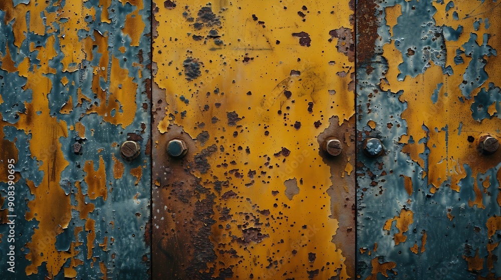 Poster orange rust stains on weathered steel plate or top view yellow iron table and old brown metal wall f