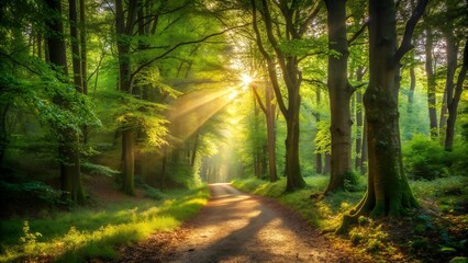 Fototapeta premium Sun Dappled Forest Path Generative AI