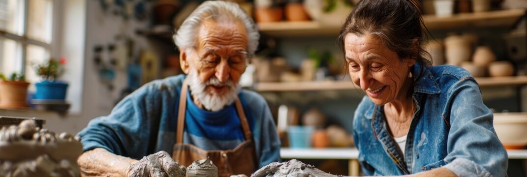 Art teacher showing senior man pottery tips in a class Woman instructing elderly student to mold clay and create sculptures in studio for skill development in retirement