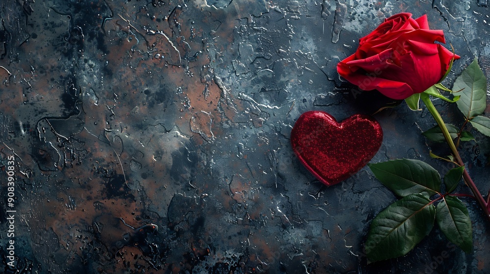 Poster valentine day composition with rose flower and red heart on table top view flat lay copy space holid
