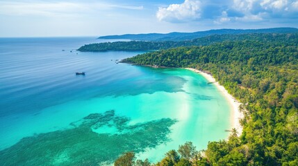 Aerial drone shot of Koh Rong Sanloem Island in Sihanoukville, capturing the pristine beaches, turquoise waters, and lush greenery