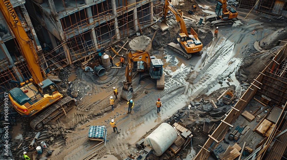 Poster construction site of buildings pouring cement top view new screed concrete with leveling mortar for 
