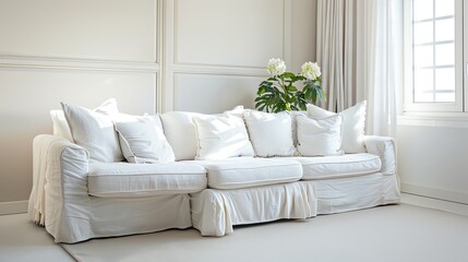 A white couch with white pillows in a minimal living room.
