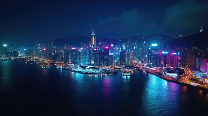 Aerial shot of the Hong Kong skyline from Kowloon side, highlighting the colorful lights and lively nightlife in a stunning night view