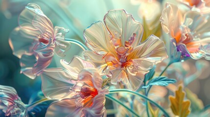 Colourful glass flowers with transparent petals, summer floral nature ethereal art. Vibrant holographic background