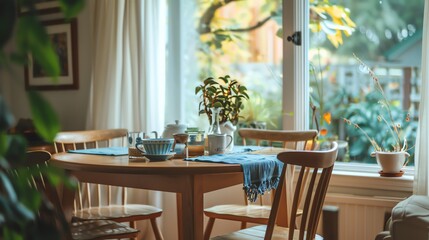 Fototapeta premium A cozy dining table set for a meal near a window overlooking a green garden.