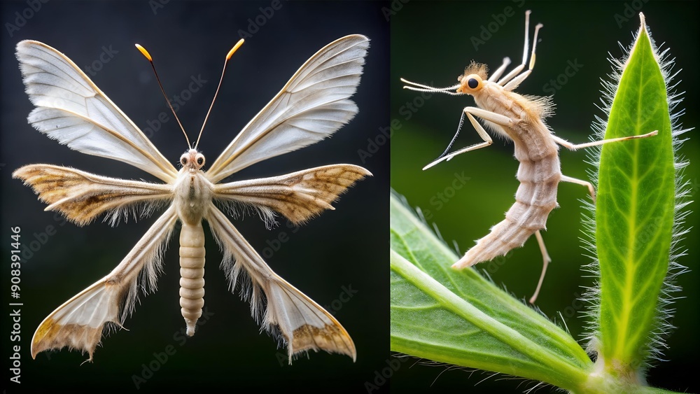 Poster the dance of life: a plume moth in a sequence of growth generative ai