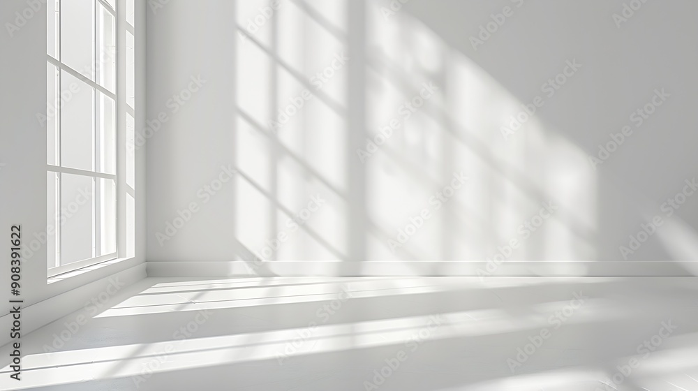 Poster abstract white studio background for product presentation with window shadows and sunlight blurred b