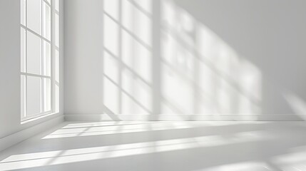 Abstract White Studio Background for Product Presentation with Window Shadows and Sunlight Blurred Backdrop Empty Room With Copy Space : Generative AI