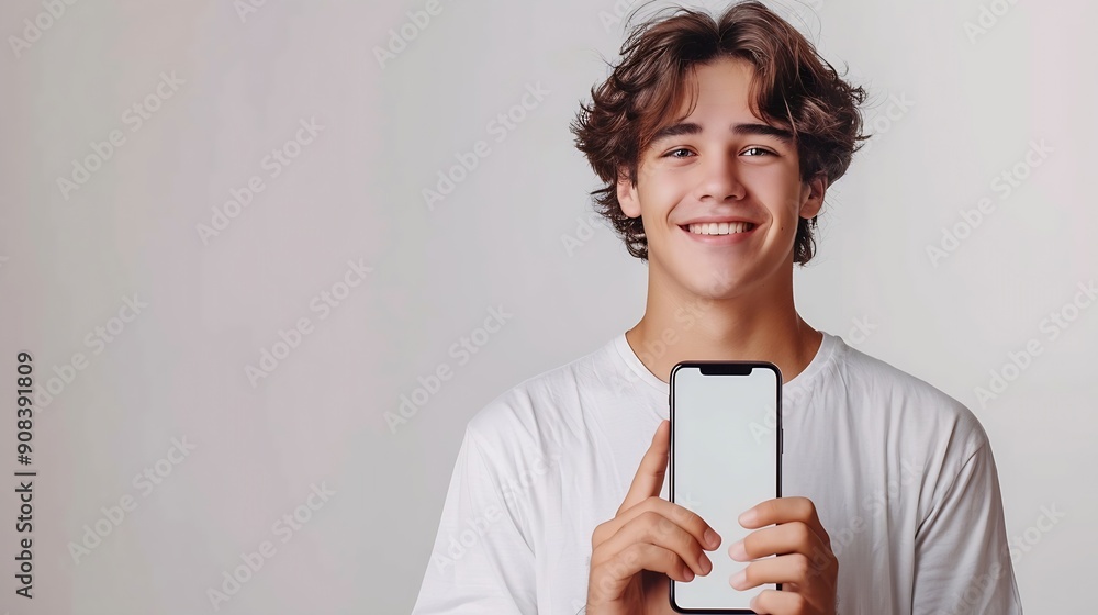 Poster handsome young man holding a smartphone mockup with a blank screen and smiling on a white background