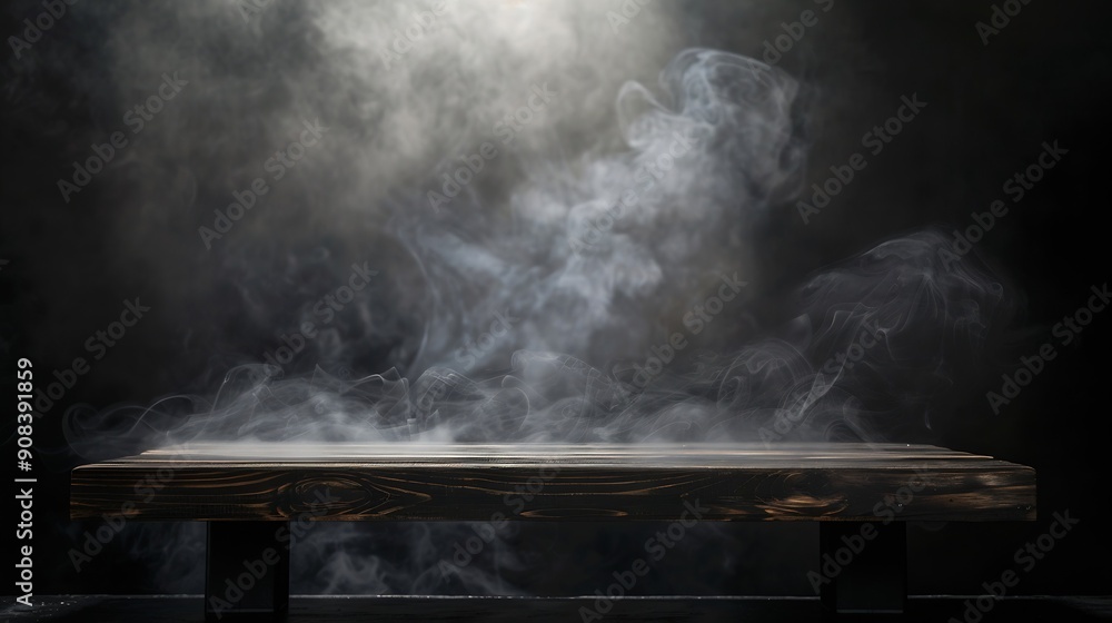 Poster On a black background an empty wooden table with smoke floats up Empty space for displaying your products with a smoke float up on a dark background Space available for displaying your : Generative AI