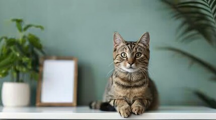 Naklejka premium Cute tabby cat sitting on white table with blank picture frame and house plant : Generative AI