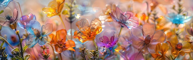 Fototapeta premium Colourful glass flowers with transparent petals, summer floral nature ethereal art. Vibrant holographic background