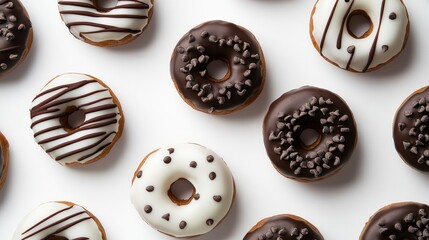 Obraz premium Close-up of dark and white chocolate donuts, set out on a white background from above, capturing their rich chocolatey appeal