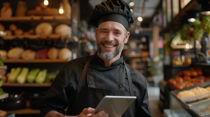Fototapeta premium Smiling small business owner dressed in a black chef uniform with an apron using digital tablet in his cozy restaurant hall Successful people hard work consumer cafes restaurants indus : Generative AI