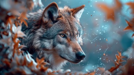 Fototapeta premium Close-up of wolf with glowing eyes surrounded by abstract patterns.