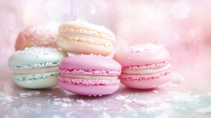 Colorful macarons in vintage pastel hues, detailed close-up emphasizing their soft, delicate textures and subtle tones --ar 16:9