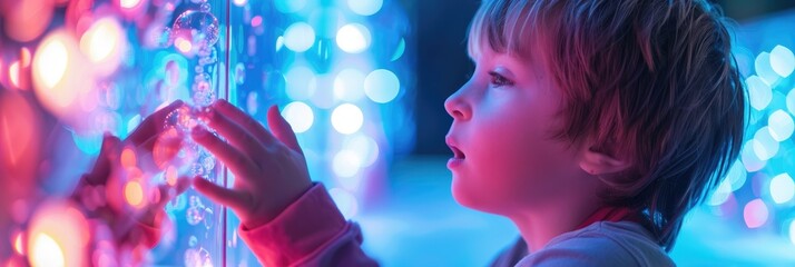Autistic child engaging with colorful lights bubble tube in snoezelen therapy room