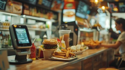 Concept of facial recognition scan used for confirming payment for food transaction at fastfood restaurant POV from terminal kiosk Emerging wearable and contactless payment technology : Generative AI