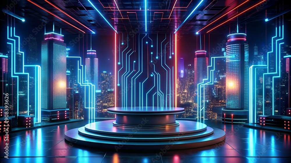 Poster cyberpunk podium: a glowing gateway to innovation generative ai