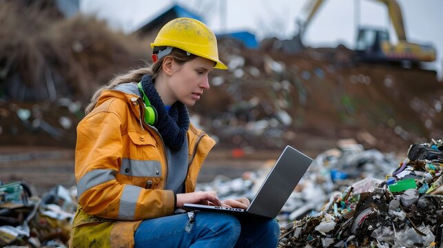 Worker Monitoring Gas Extraction Data Using Laptop at Waste Management Facility