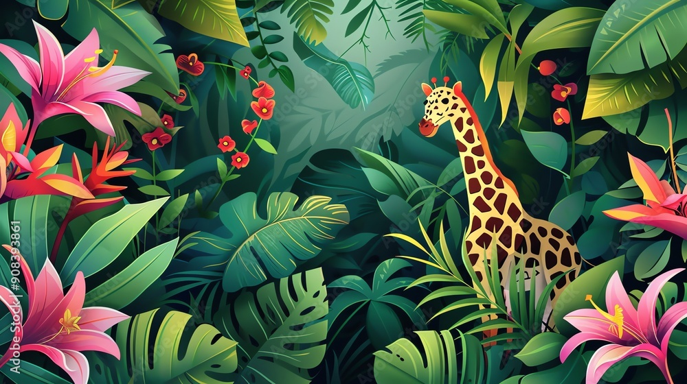 Poster A cartoon illustration of a giraffe in a lush green jungle.