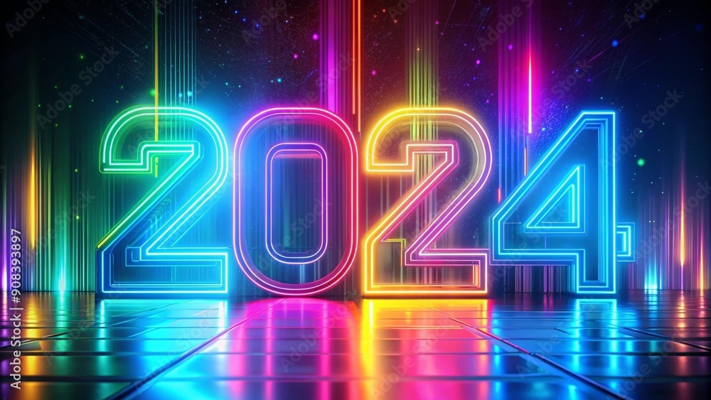 Poster abstract neon 2024 happy new year symbol generative ai
