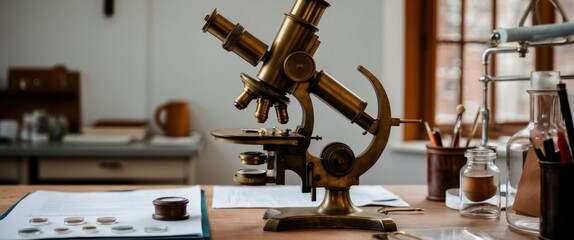 Antique brass microscope on a scientist's desk, symbolizing exploration and discovery