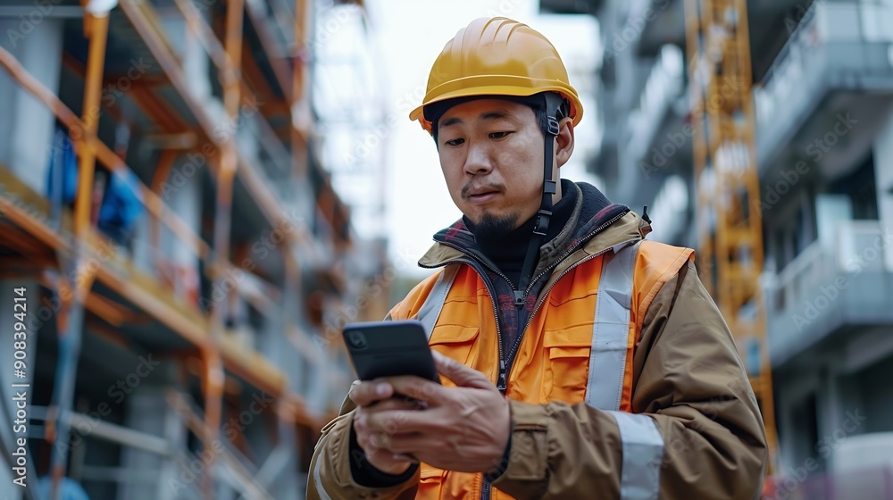 Poster Construction engineer using mobile smart phone on site during inspection selective focus : Generative AI