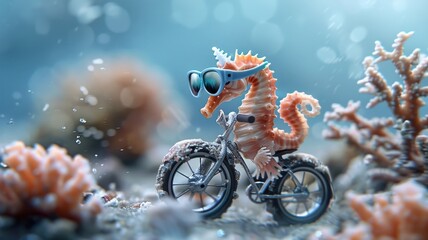 Naklejka premium Humorous seahorse wearing sunglasses riding a miniature coral bicycle.